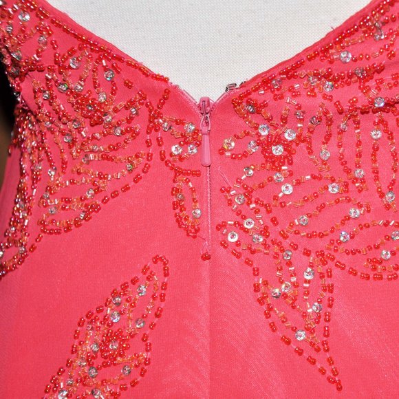 Precious Formals Coral Sequin Beaded Sexy Backless Formal Evening Gown Silk - Picture 8 of 9